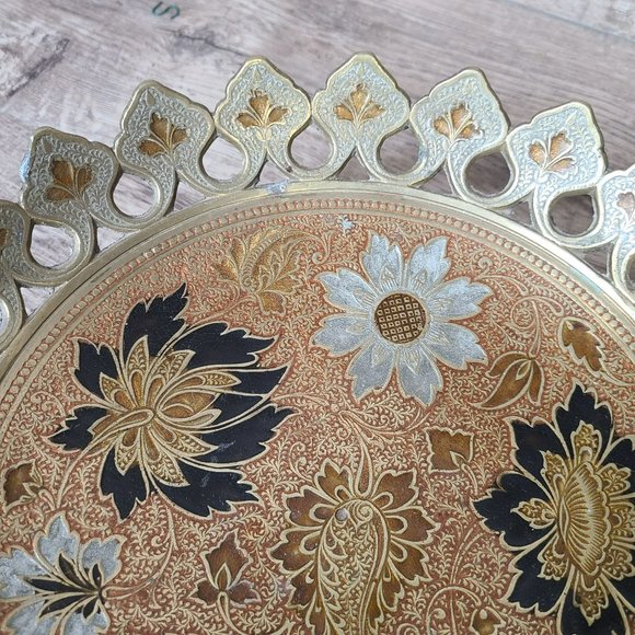Vtg Enamel & Brass Pedestal Bowl Tray Floral Design Solid Cut 10" Made in India - Picture 9 of 14